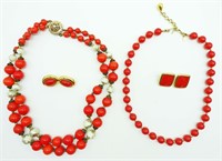 (2) RED BEADED NECKLACE W/ (2) PERICED EARRINGS