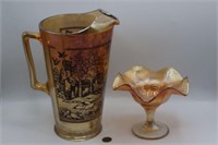 Marigold Willow Carnival Glass Pitcher & Dish