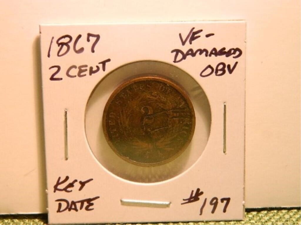 1867 2 Cent Piece VF - Damaged (Carving on OBV),
