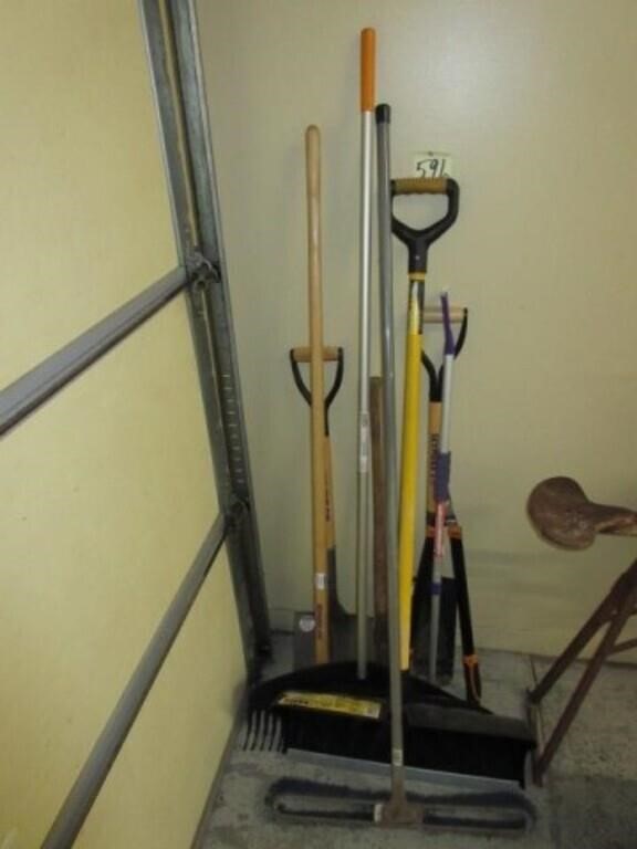 (9) Assorted Yard Tools - Rake, Shovels, Hoe, Etc.