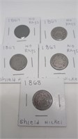 5 shield Nickels assorted years