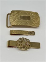 14KT Gold Belt Buckle & Tie Clips.