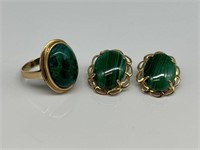 14KT Gold Ring & Earrings With Green Stones.