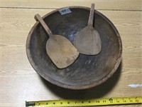 Antique Wooden Bowl & Butter Paddles