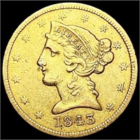1843 $5 Gold Half Eagle ABOUT UNCIRCULATED