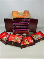 Asian wood & brass jewelry box w/ costume jewelry