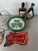 Budweiser lighted beer sign, Guinness clock,