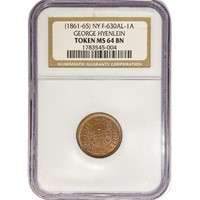 1861-65 NY Token F-630AL-1A NGC MS64 BN Hyenlein