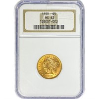 1899 $5 Gold Half Eagle NGC MS63