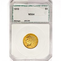 1910 $5 Gold Half Eagle PCI MS64