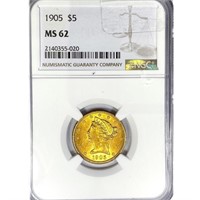 1905 $5 Gold Half Eagle NGC MS62