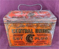 Central union, cut plug, tobacco tin