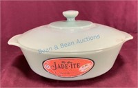 Jadeite covered casserole with original label