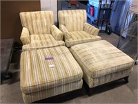 Pair Yellow Stripe Chairs with Matching Ottomans