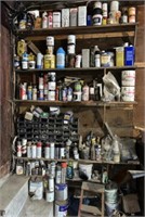 Shelf Lot Various Chemicals, Parts, Spray Paint