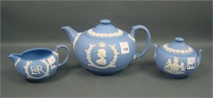 Wedgwood 1951 Blue Jasper Coronation 3 Pc Tea Set