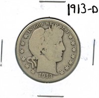 1913-D Barber Silver Half Dollar