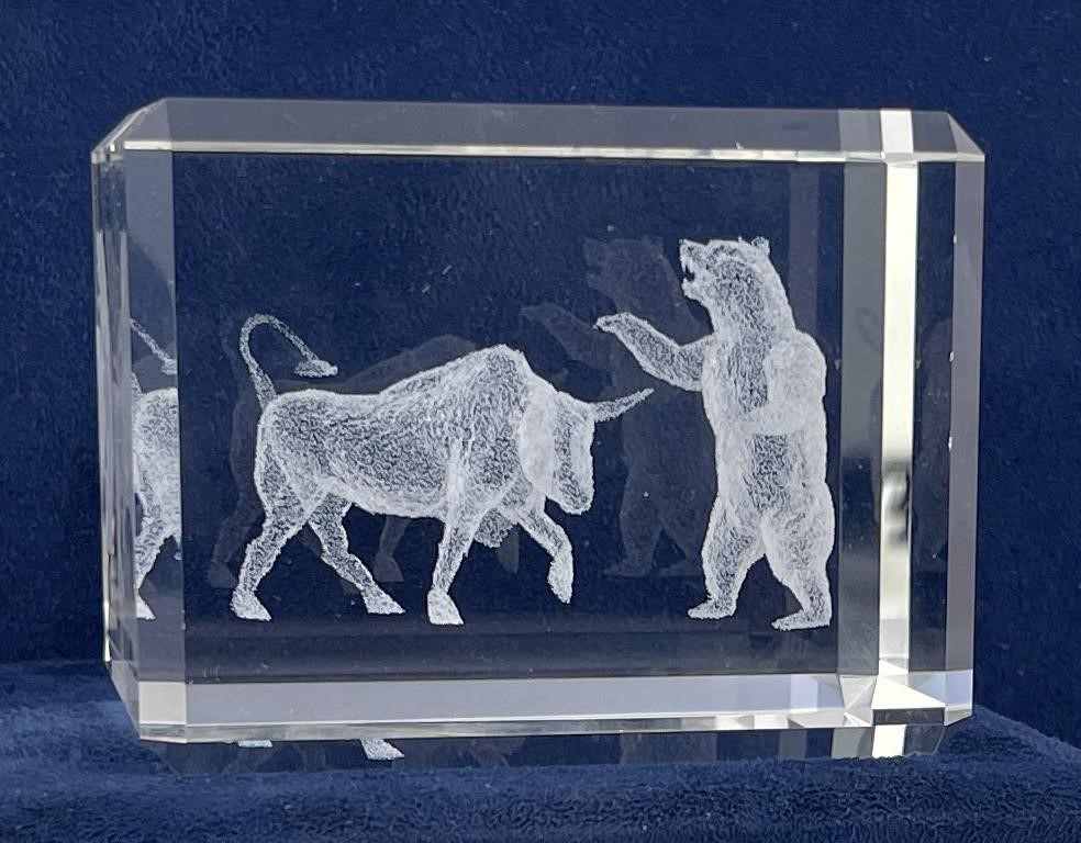 Stock Market Bear and Bull Glass Paperweight
