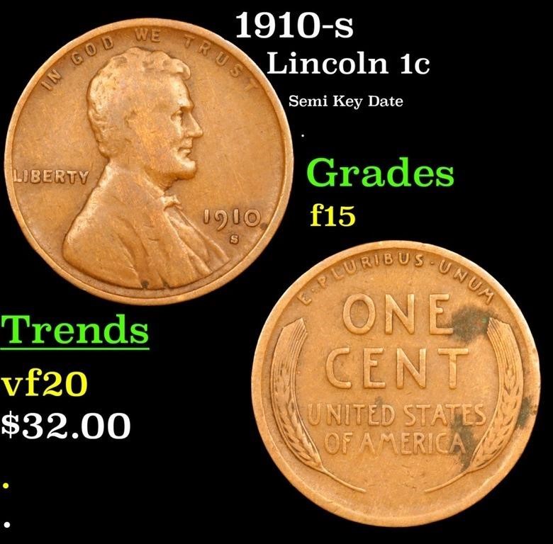 1910-s Lincoln Cent 1c Grades f+