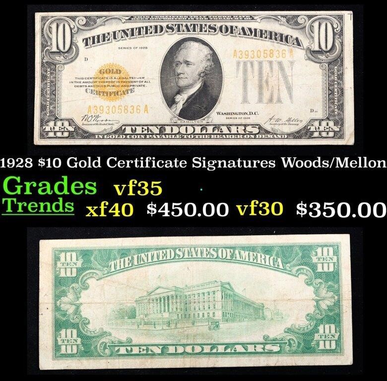 1928 $10 Gold Certificate Signatures Woods/Mellon