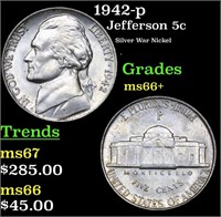 1942-p Jefferson Nickel 5c Grades GEM++ Unc