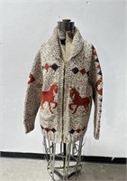 Vintage Cowichan Indian Zip Up Sweater Horses