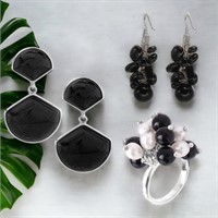 Onyx Earrings & Agate-Pearl Ring Set
