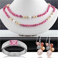 Multicolor Pearl Necklace, Earrings & Pink