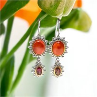 Coral and Garnet Sterling Silver Dangle Earrings
