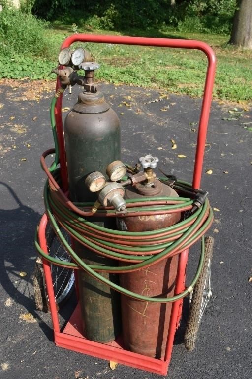 Oxygen/acetylene torch set on wheeled cart, Moxley