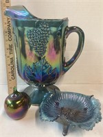 CARNIVAL GLASS PITCHER, APPLE & CANDY DISH