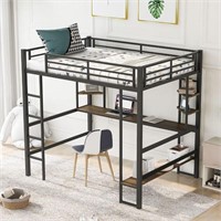 Full Size Metal Loft Bed with Long Desk, Black