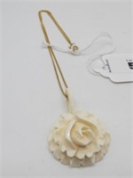 CARVED IVORY ROSE PENDANT & CHAIN 15" VALUE $150