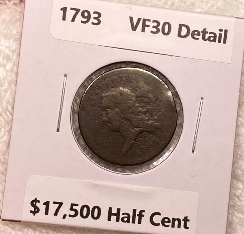1793 Flowing Hair Half Cent VF30 DETAIL