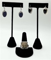 Sterling Ring and 2 Pairs of Earrings with Stones