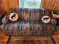 Sleeper couch 74" w, rug 5' x 7.5' & throw pillows