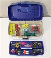 Assorted Fishing Tackle, Blue Plastic Box w/ Tray