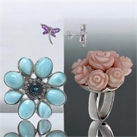 Gemstone Butterfly Earrings & Coral Ring Set