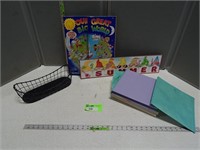 Storage boxes, kids board book (not complete), and