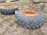 Tractor tire duals on rims w/clamps, 20.8-38
