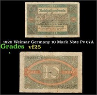 1920 Weimar Germany 10 Mark Note P# 67A Grades vf+