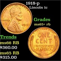 1918-p Lincoln Cent 1c Grades Gem+ Unc RB