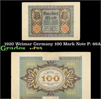 1920 Weimar Germany 100 Mark Note P: 69A Grades vf