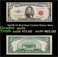 1953B $5 Red Seal United States Note Grades Choice