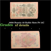 1909 Russia 10 Ruble Note P# 11C Grades xf details