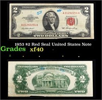 1953 $2 Red Seal United States Note Grades xf