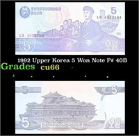 1992 Upper Korea 5 Won Note P# 40B Grades Gem+ CU