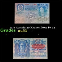 1919 Austria 20 Kronen Note P# 52 Grades Select AU