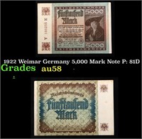 1922 Weimar Germany 5,000 Mark Note P: 81D Grades