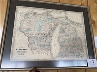 FRAMED JOHNSON'S MAP OF WISCONSIN & MICHIGAN